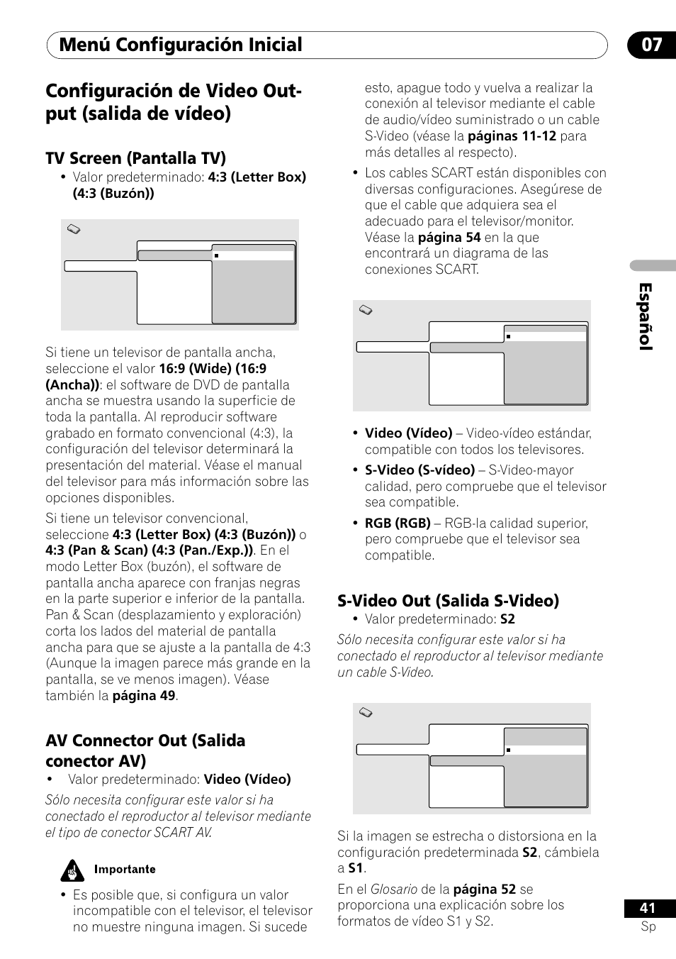 Configuración de video output (salida de vídeo), Menú configuración inicial 07, Configuración de video out- put (salida de vídeo) | Espa ñ ol, S-video out (salida s-video), Tv screen (pantalla tv), Av connector out (salida conector av) | Pioneer DV-U7 User Manual | Page 95 / 108