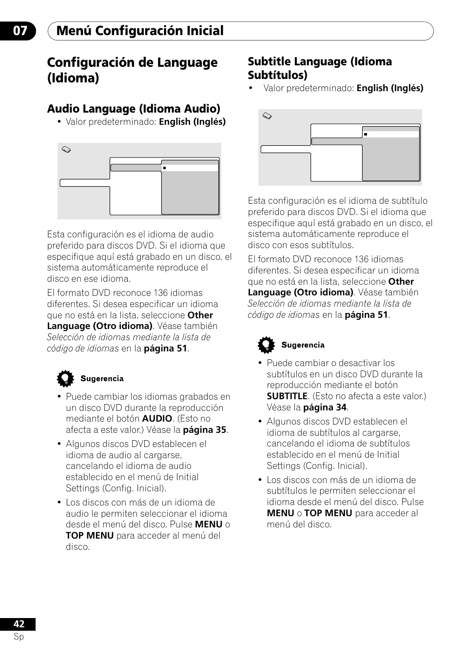Configuración de language (idioma), Menú configuración inicial 07, Subtitle language (idioma subtítulos) | Audio language (idioma audio), Valor predeterminado: english (inglés) | Pioneer DV-U7 User Manual | Page 96 / 108