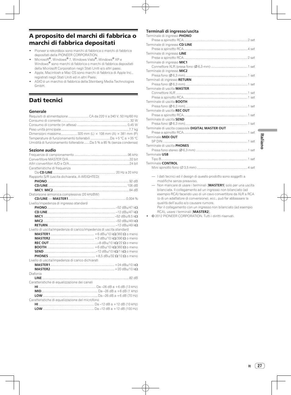 Dati tecnici | Pioneer DJM-850-S User Manual | Page 27 / 112