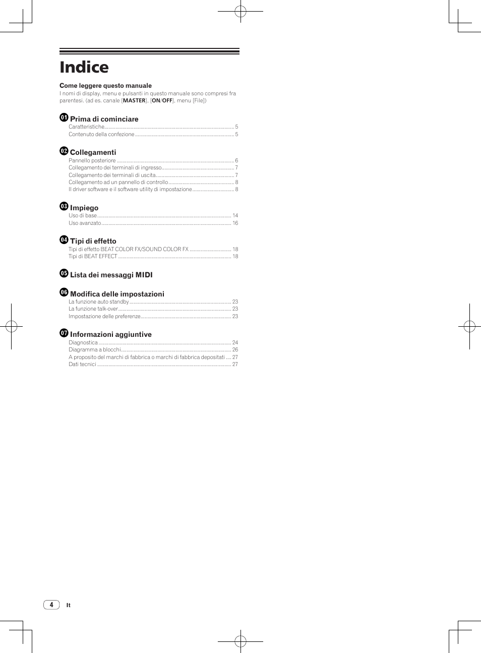 Mixer per dj, Istruzioni per l’uso, Indice | Pioneer DJM-850-S User Manual | Page 4 / 112