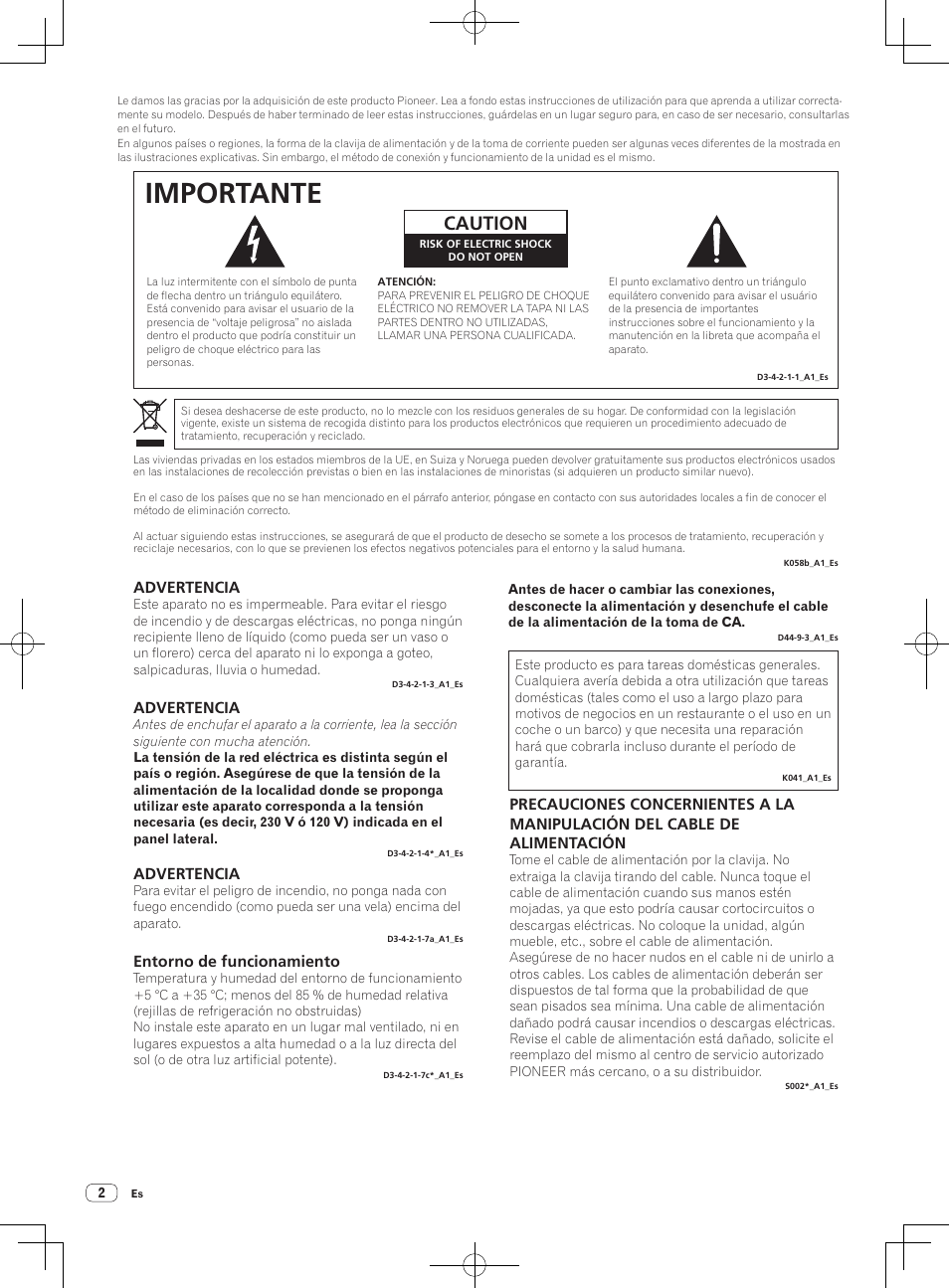 Importante, Caution, Advertencia | Entorno de funcionamiento | Pioneer DJM-850-S User Manual | Page 56 / 112