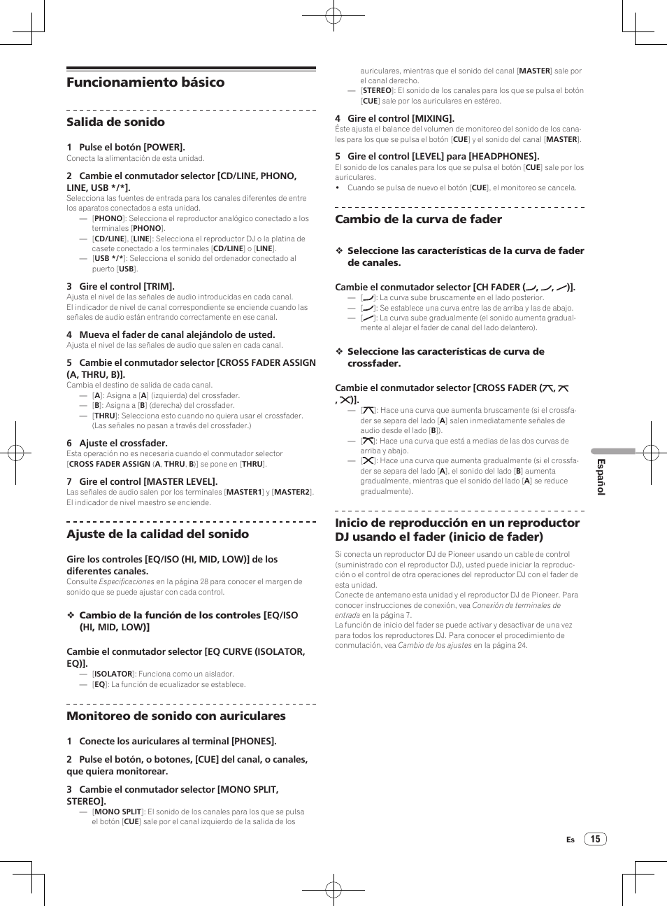 Funcionamiento básico, Salida de sonido, Ajuste de la calidad del sonido | Monitoreo de sonido con auriculares, Cambio de la curva de fader | Pioneer DJM-850-S User Manual | Page 69 / 112