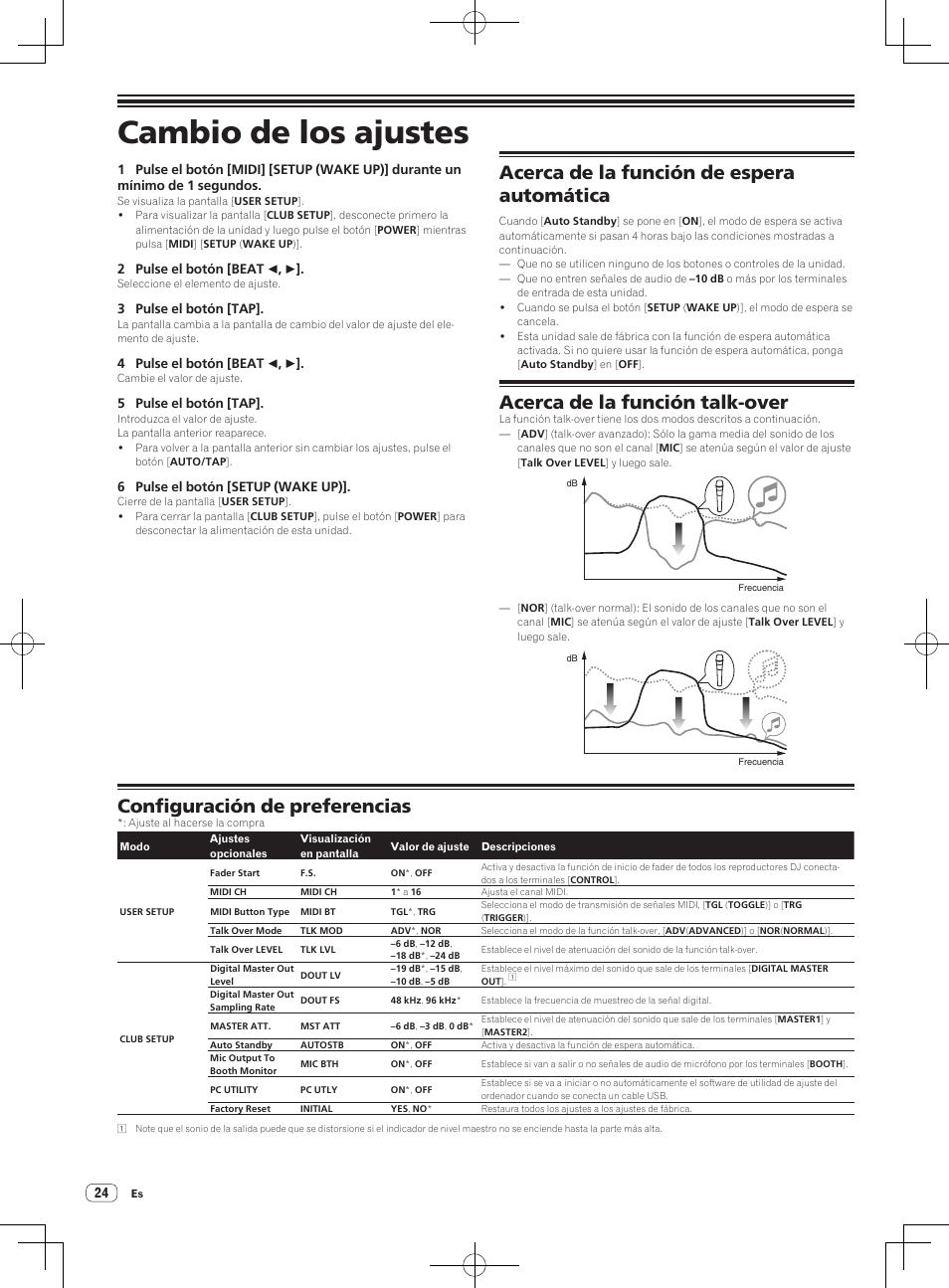 Cambio de los ajustes, Acerca de la función de espera automática, Acerca de la función talk-over | Configuración de preferencias | Pioneer DJM-850-S User Manual | Page 78 / 112