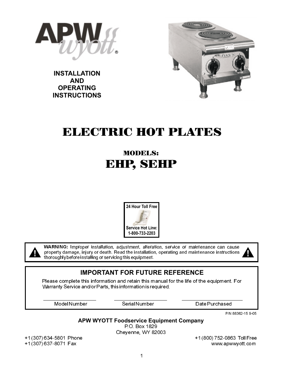 APW Wyott SEHP User Manual | 8 pages