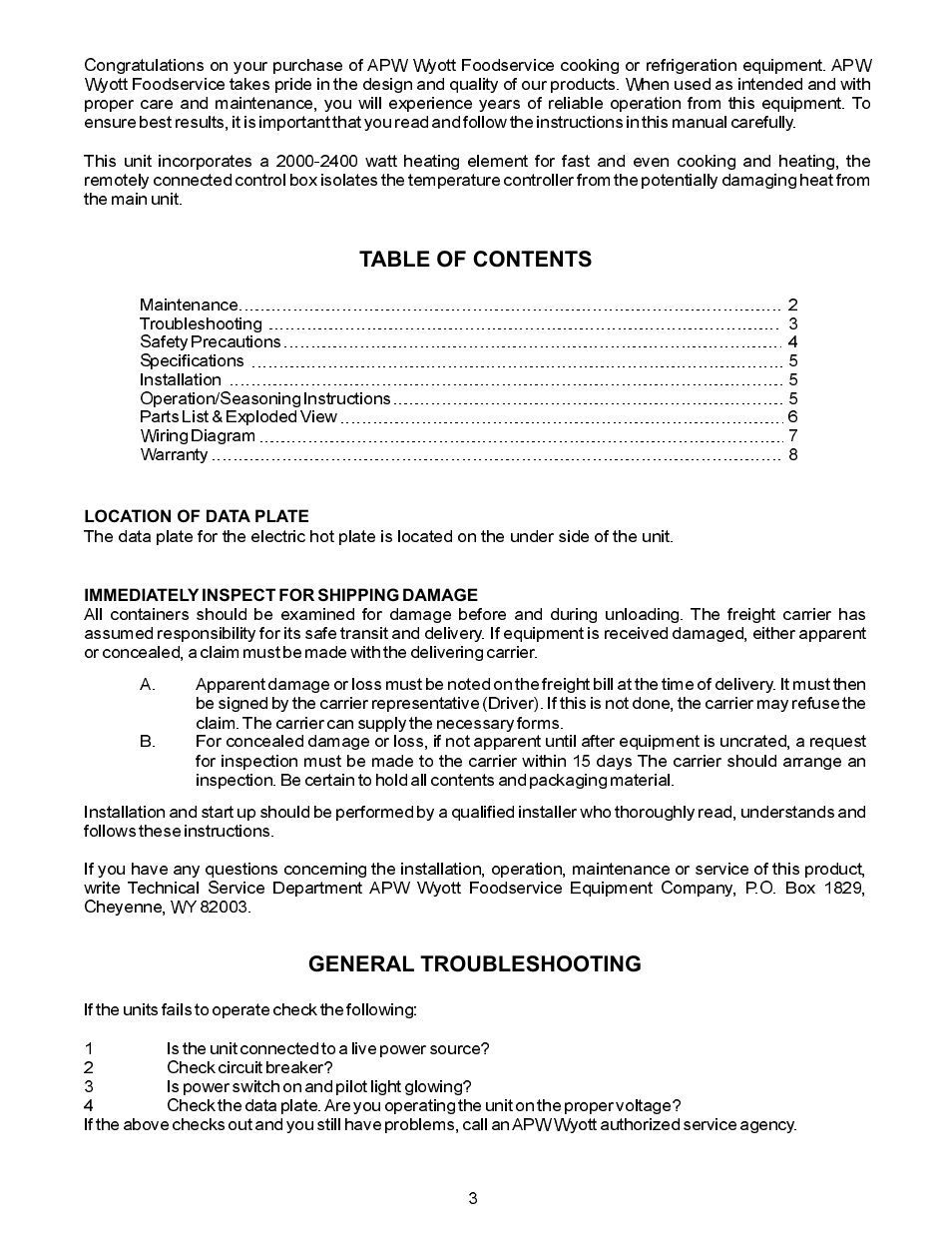APW Wyott SEHP User Manual | Page 3 / 8