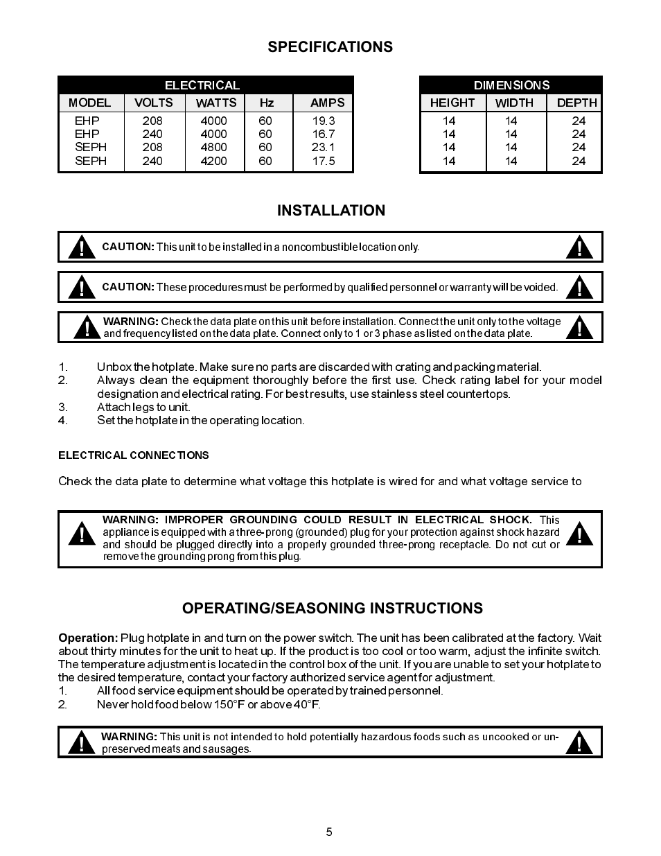 APW Wyott SEHP User Manual | Page 5 / 8