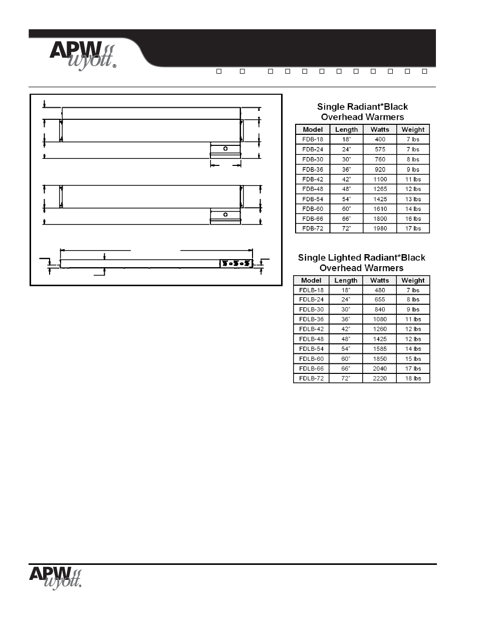 Radiant*black, Single overhead warmers, Product specifications | APW Wyott  FDLB -18 User Manual | Page 2 / 2