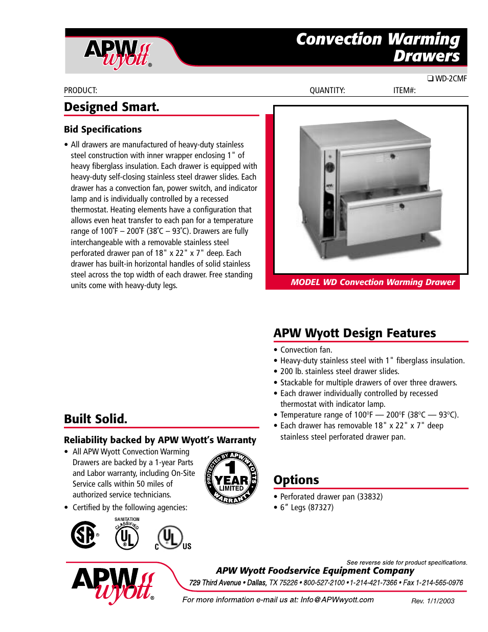 APW Wyott WD-2CMF User Manual | 2 pages