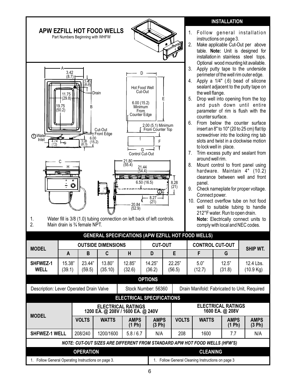 Apw ezfill hot food wells | APW Wyott SHFWEZ-12D User Manual | Page 6 / 24