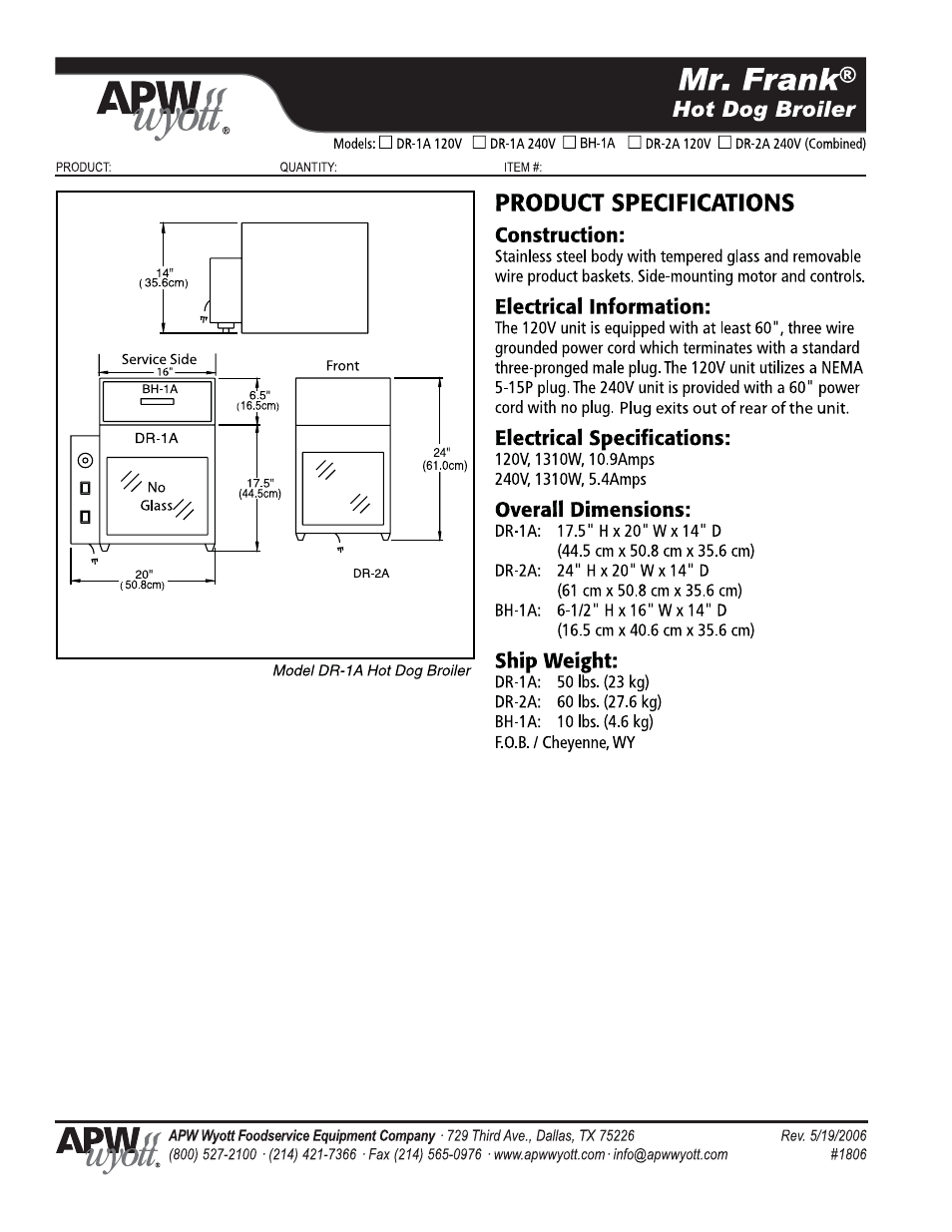Mr. frank, Hot dog broiler, Product specifications | APW Wyott DR-2A 120V User Manual | Page 2 / 2