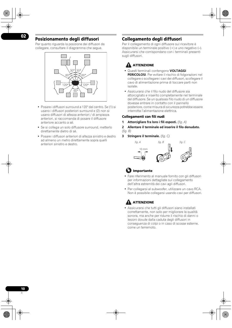 Posizionamento degli diffusori, Collegamento degli diffusori | Pioneer VSX-2020-K User Manual | Page 10 / 60