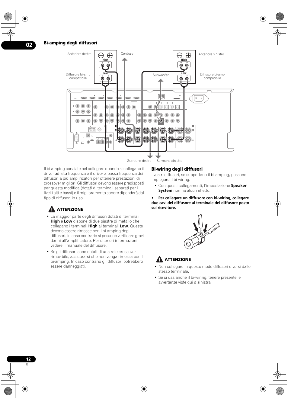 Bi-amping degli diffusori, Bi-wiring degli diffusori | Pioneer VSX-2020-K User Manual | Page 12 / 60