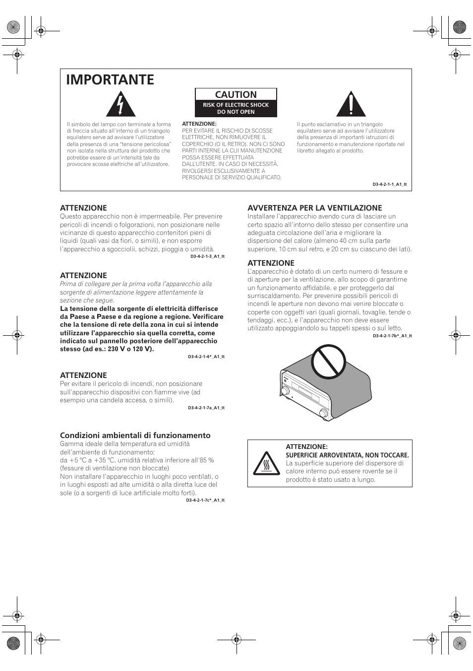 Importante, Caution | Pioneer VSX-2020-K User Manual | Page 2 / 60