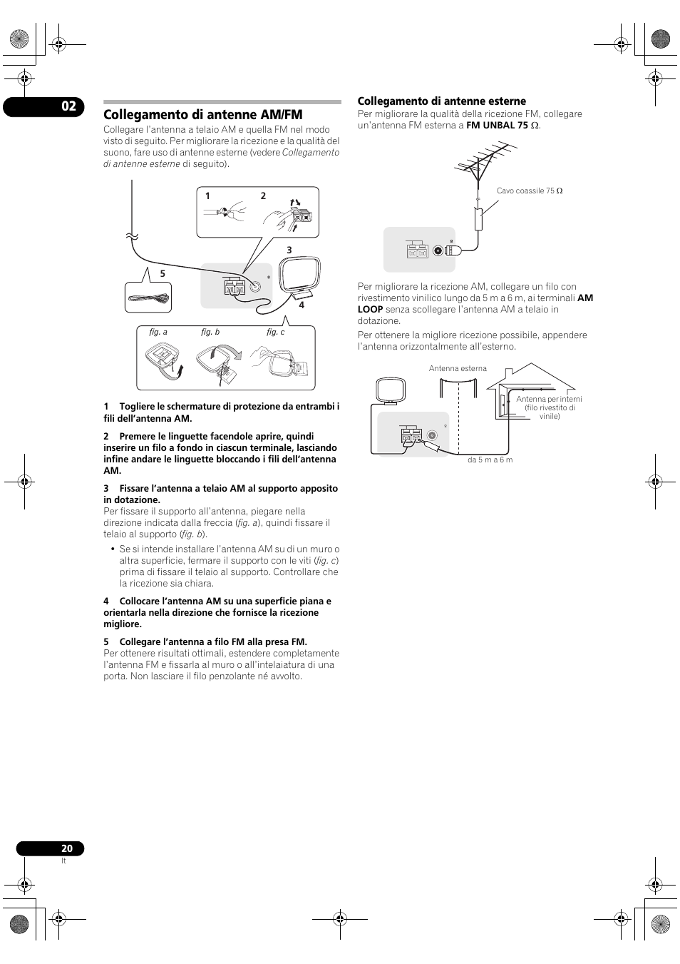 Collegamento di antenne am/fm, Collegamento di antenne esterne | Pioneer VSX-2020-K User Manual | Page 20 / 60