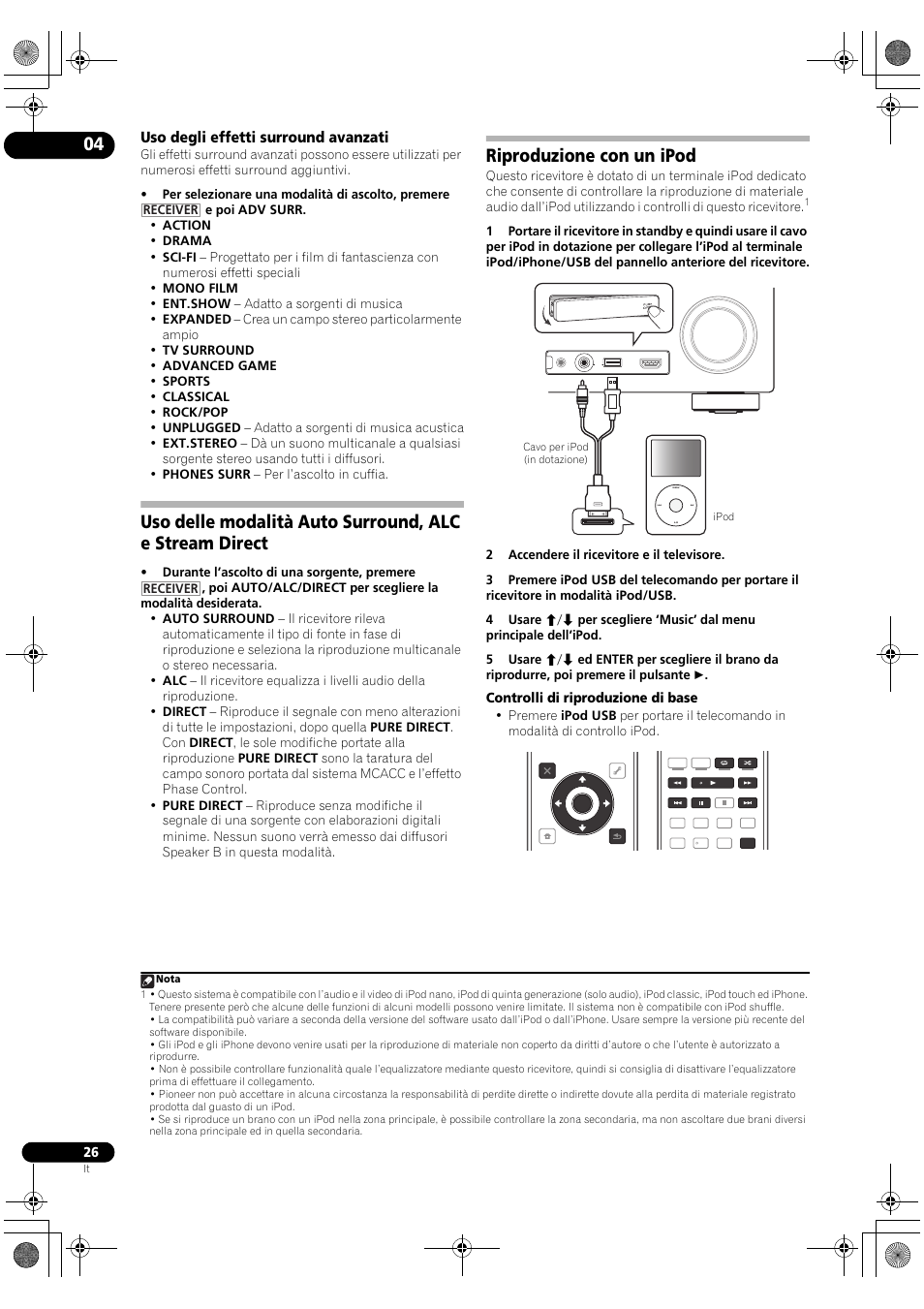 Uso degli effetti surround avanzati, Riproduzione con un ipod, Controlli di riproduzione di base | Pioneer VSX-2020-K User Manual | Page 26 / 60