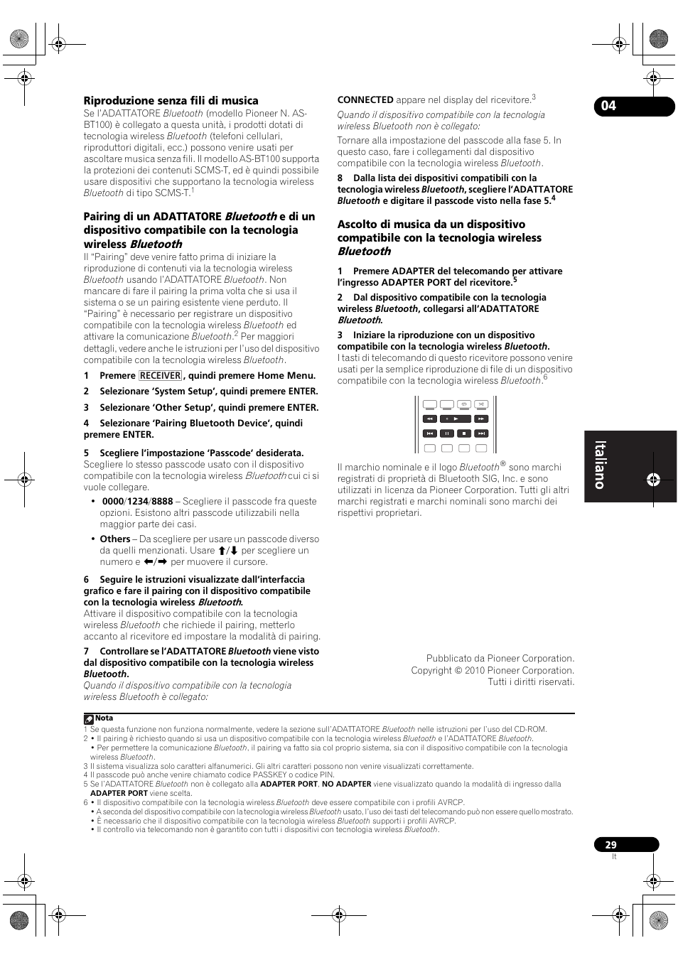 Riproduzione senza fili di musica, Bluetooth | Pioneer VSX-2020-K User Manual | Page 29 / 60