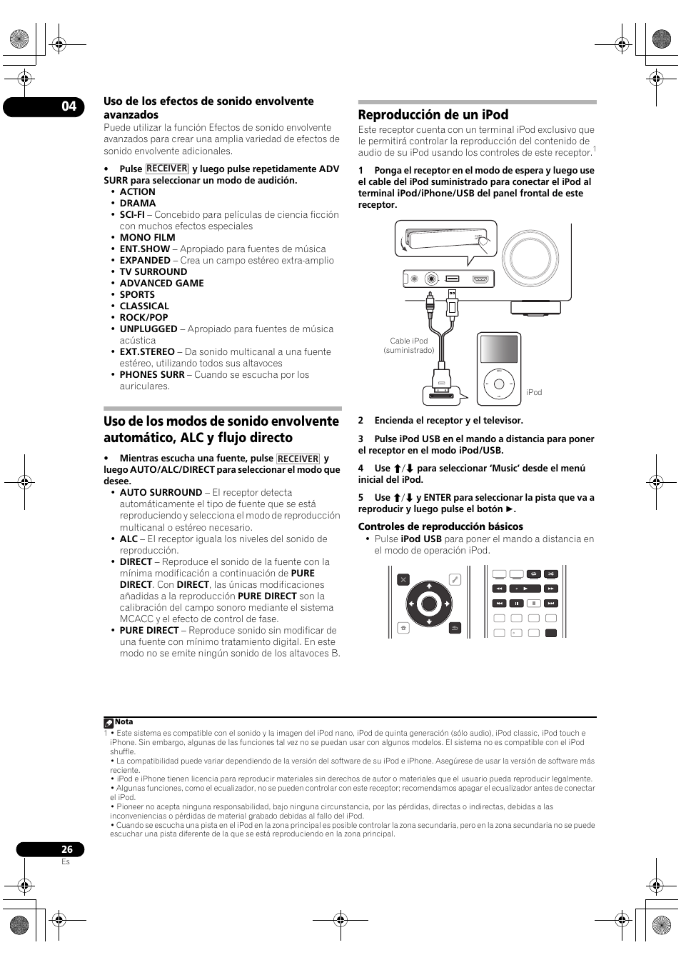 Uso de los efectos de sonido envolvente avanzados, Reproducción de un ipod, Controles de reproducción básicos | Pioneer VSX-2020-K User Manual | Page 54 / 60