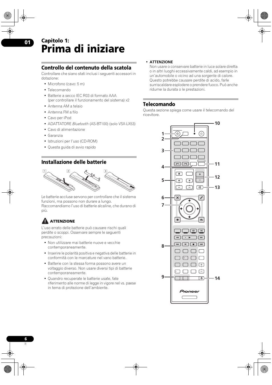 Prima di iniziare, Controllo del contenuto della scatola, Installazione delle batterie | Telecomando, 01 prima di iniziare, Capitolo 1 | Pioneer VSX-2020-K User Manual | Page 6 / 60