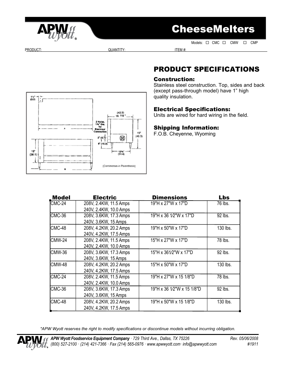 Cheesemelters, Product specifications | APW Wyott CMP User Manual | Page 2 / 2