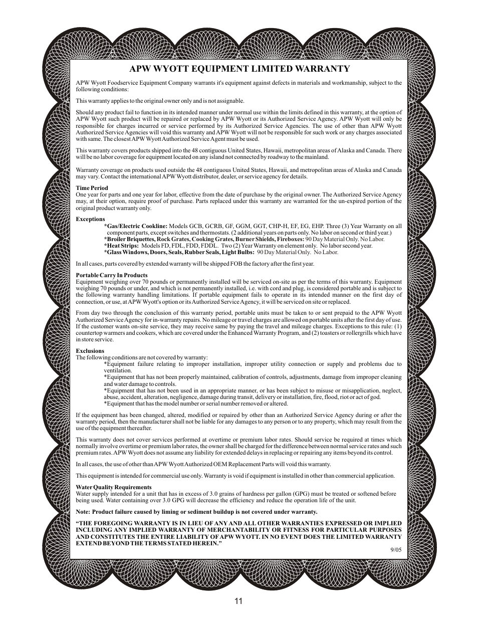 Apw wyott equipment limited warranty | APW Wyott EG 24H User Manual | Page 11 / 12