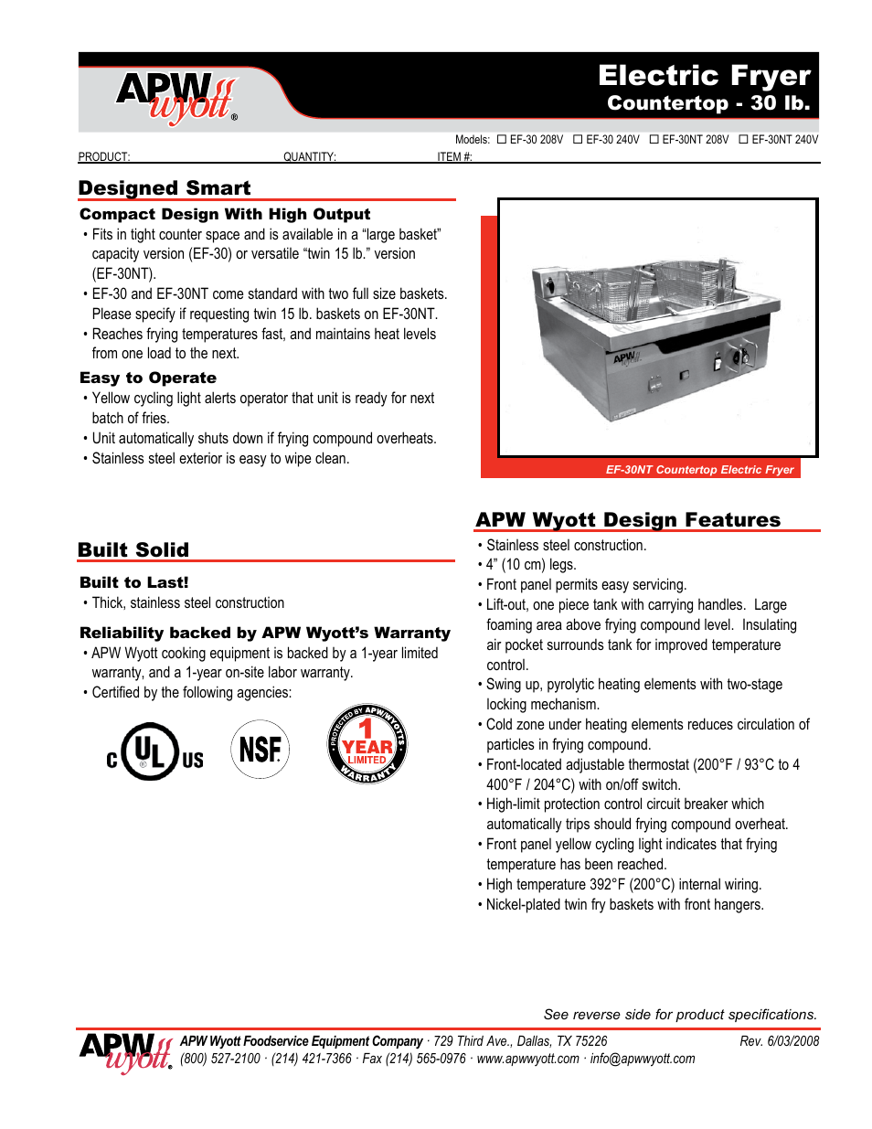 APW Wyott EF-30 User Manual | 2 pages