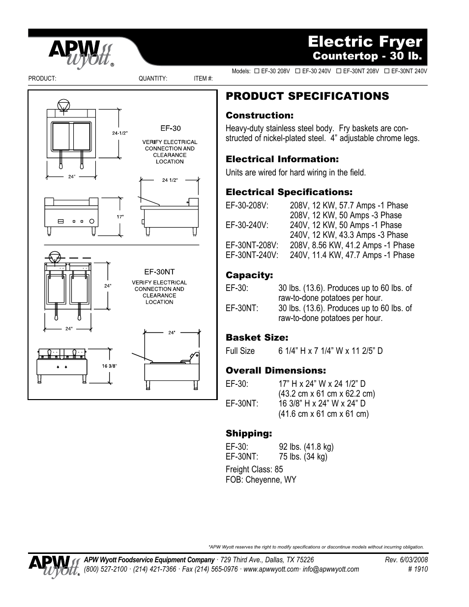 Electric fryer, Countertop - 30 lb, Product specifications | APW Wyott EF-30 User Manual | Page 2 / 2