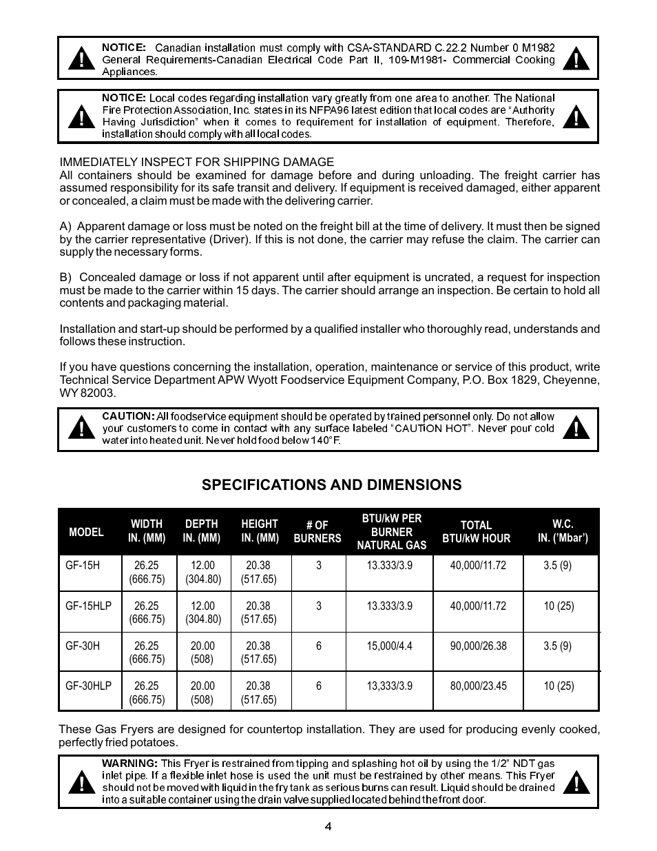 APW Wyott GF-30H User Manual | Page 4 / 16