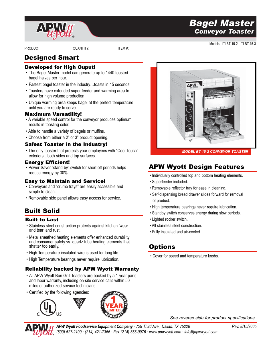 APW Wyott BT-15-3 User Manual | 2 pages