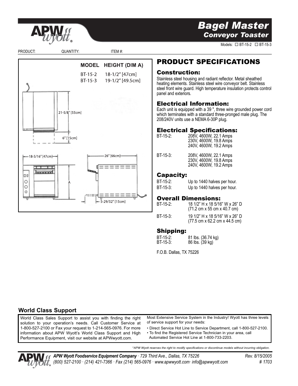 Bagel master, Conveyor toaster, Product specifications | APW Wyott BT-15-3 User Manual | Page 2 / 2