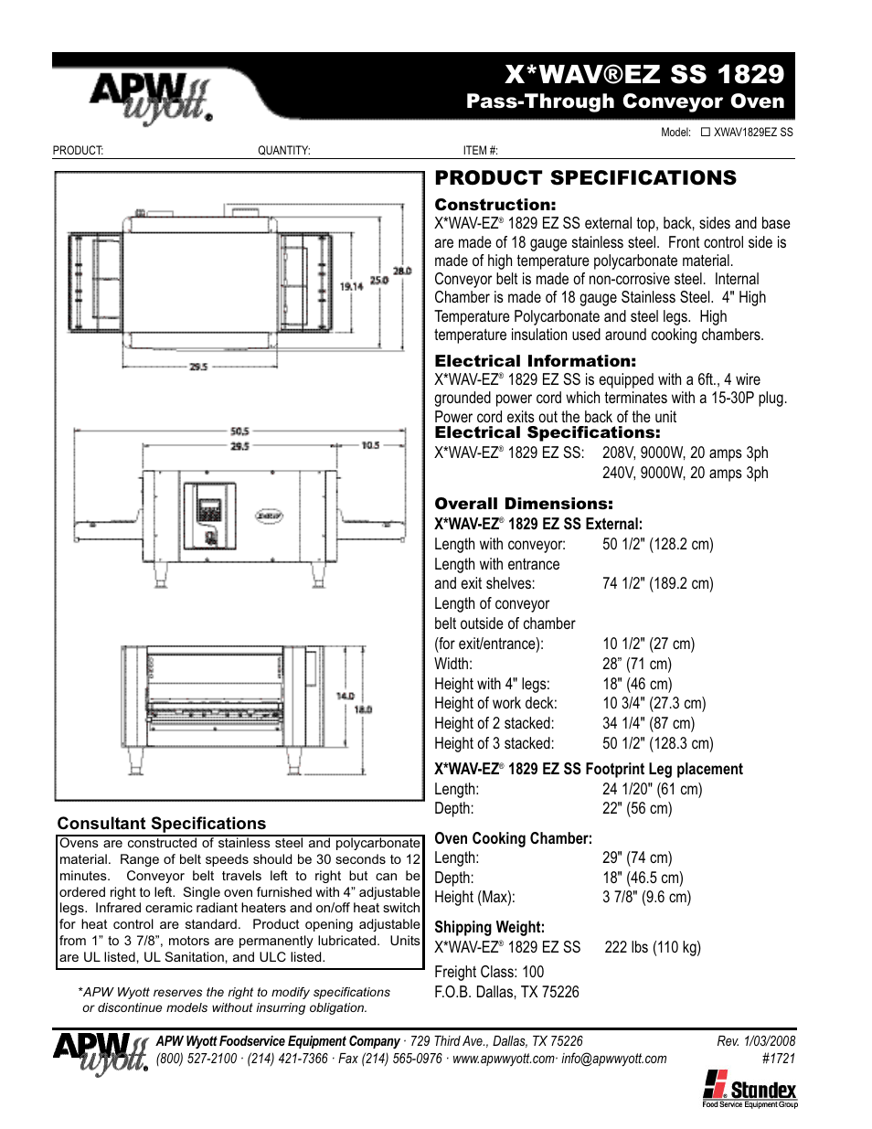 X*wav®ez ss 1829, Pass-through conveyor oven, Product specifications | APW Wyott 1829 EZ SS User Manual | Page 2 / 2