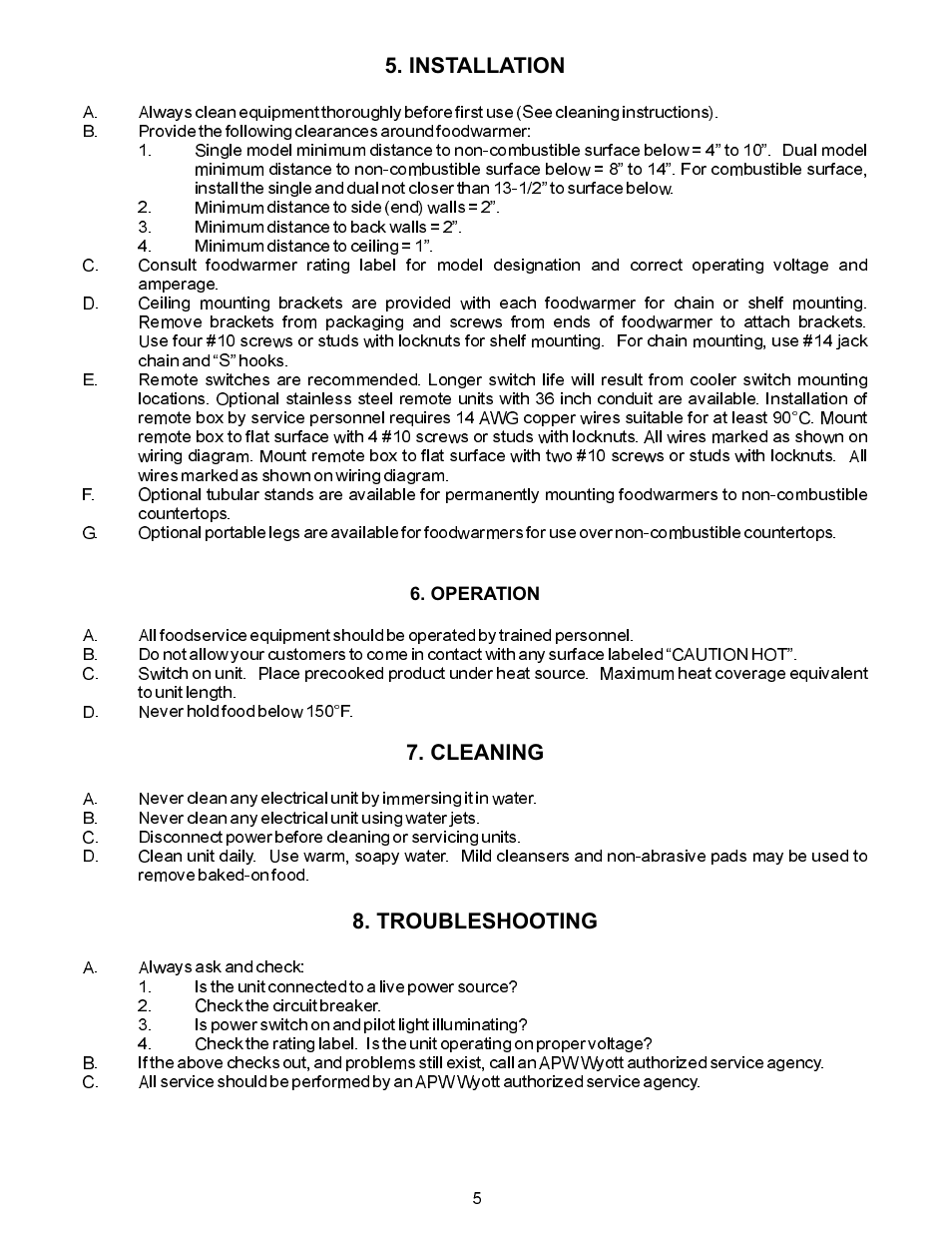 Installation 7. cleaning 8. troubleshooting | APW Wyott FDDLB User Manual | Page 5 / 16