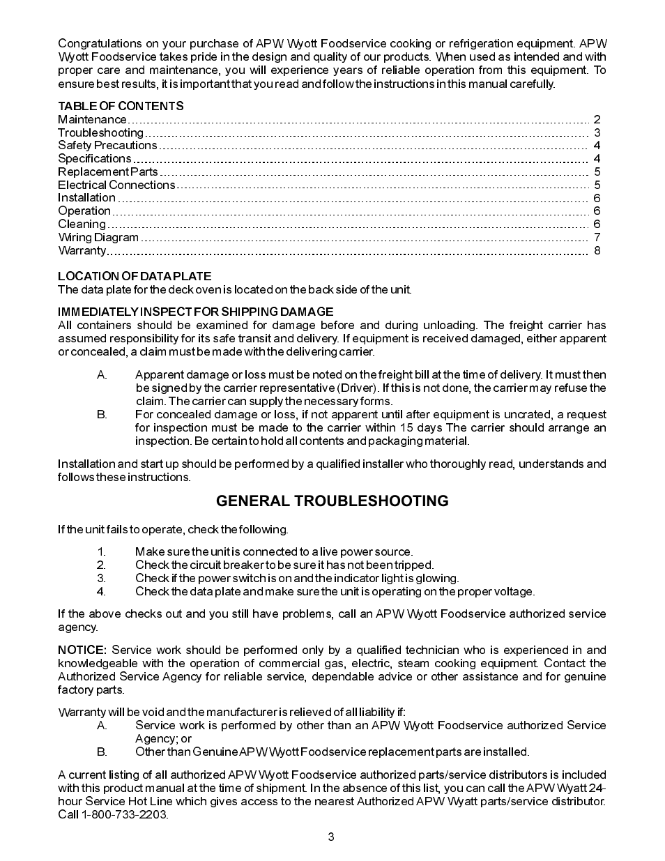 General troubleshooting | APW Wyott CDO-17 User Manual | Page 3 / 8