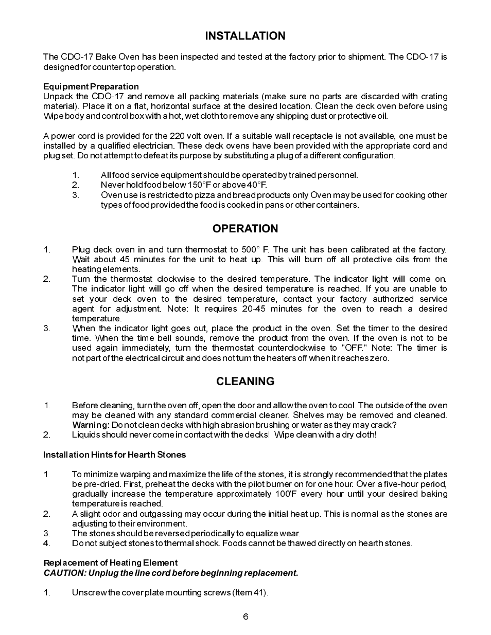 Installation operation cleaning | APW Wyott CDO-17 User Manual | Page 6 / 8