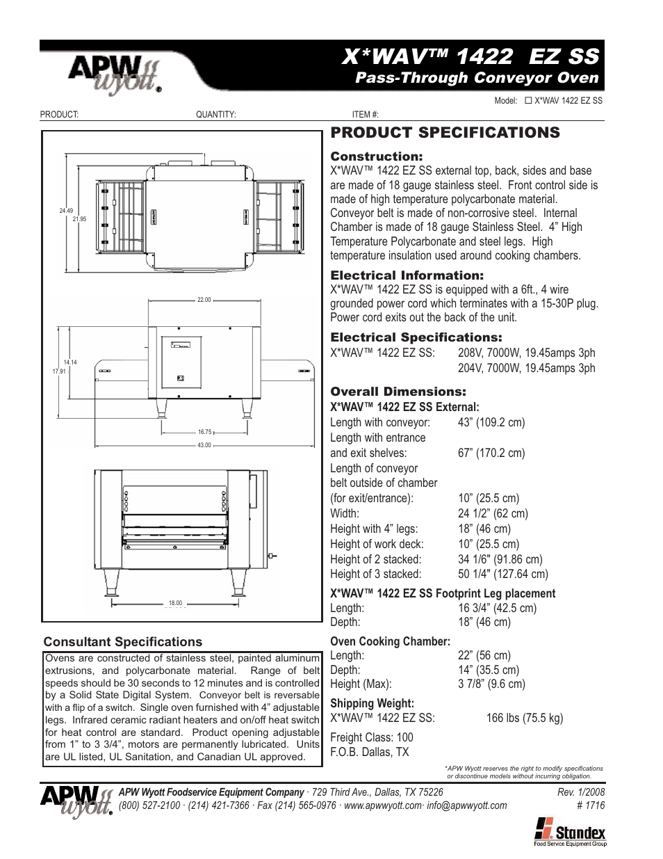 X*wav™ 1422 ez ss, Pass-through conveyor oven, Product specifications | APW Wyott 1422 EZ SS User Manual | Page 2 / 2