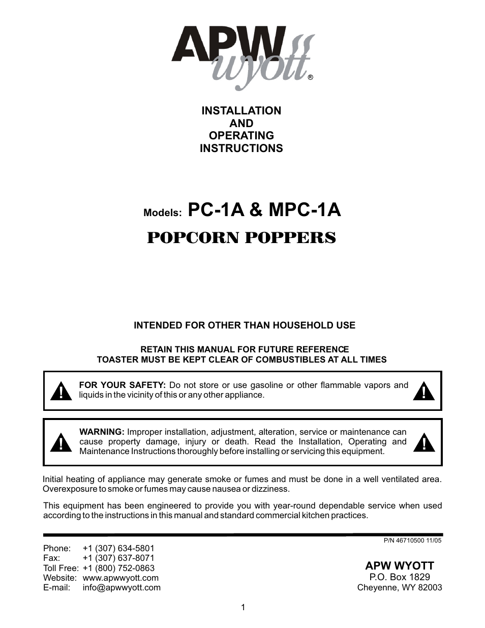 APW Wyott POPCONRN PC-1A User Manual | 12 pages