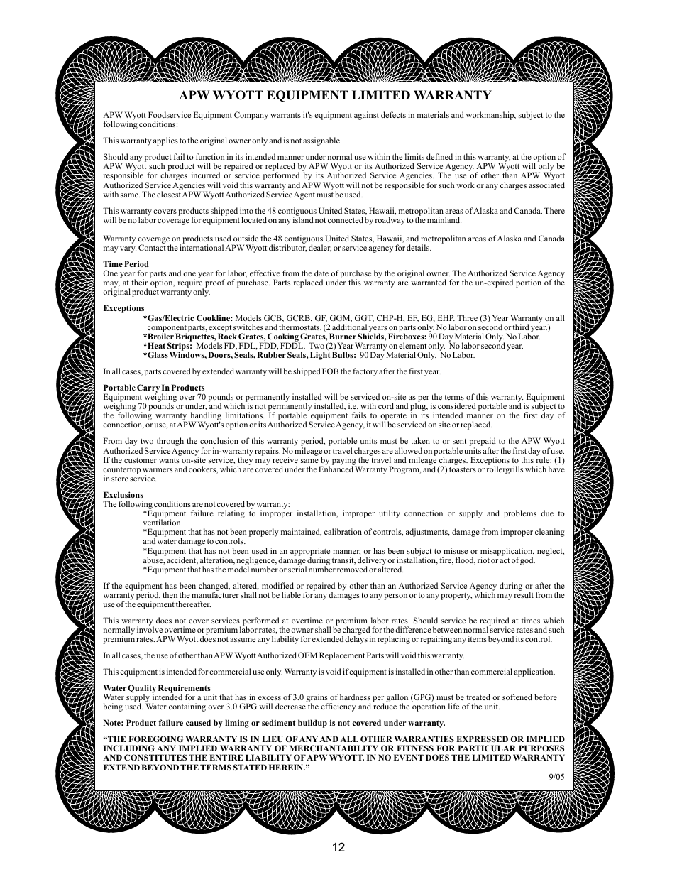 Apw wyott equipment limited warranty | APW Wyott POPCONRN PC-1A User Manual | Page 12 / 12