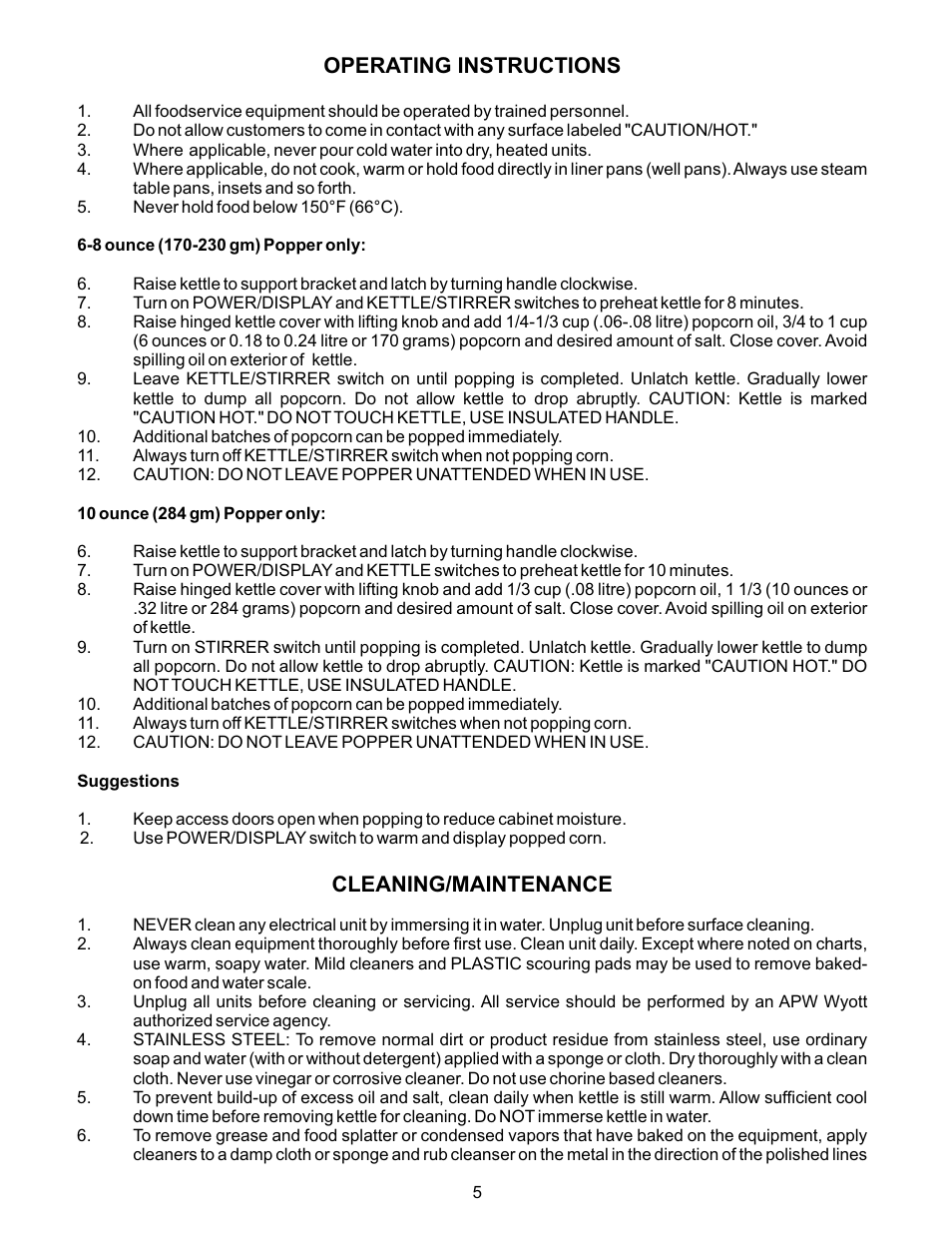 Operating instructions, Cleaning/maintenance | APW Wyott POPCONRN PC-1A User Manual | Page 5 / 12