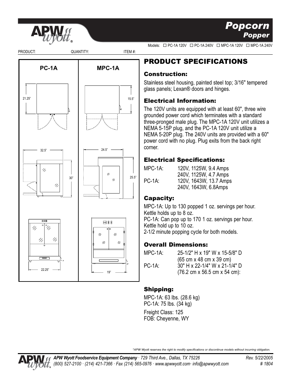 Popcorn, Popper, Product specifications | APW Wyott MPC-1A 240V User Manual | Page 2 / 2