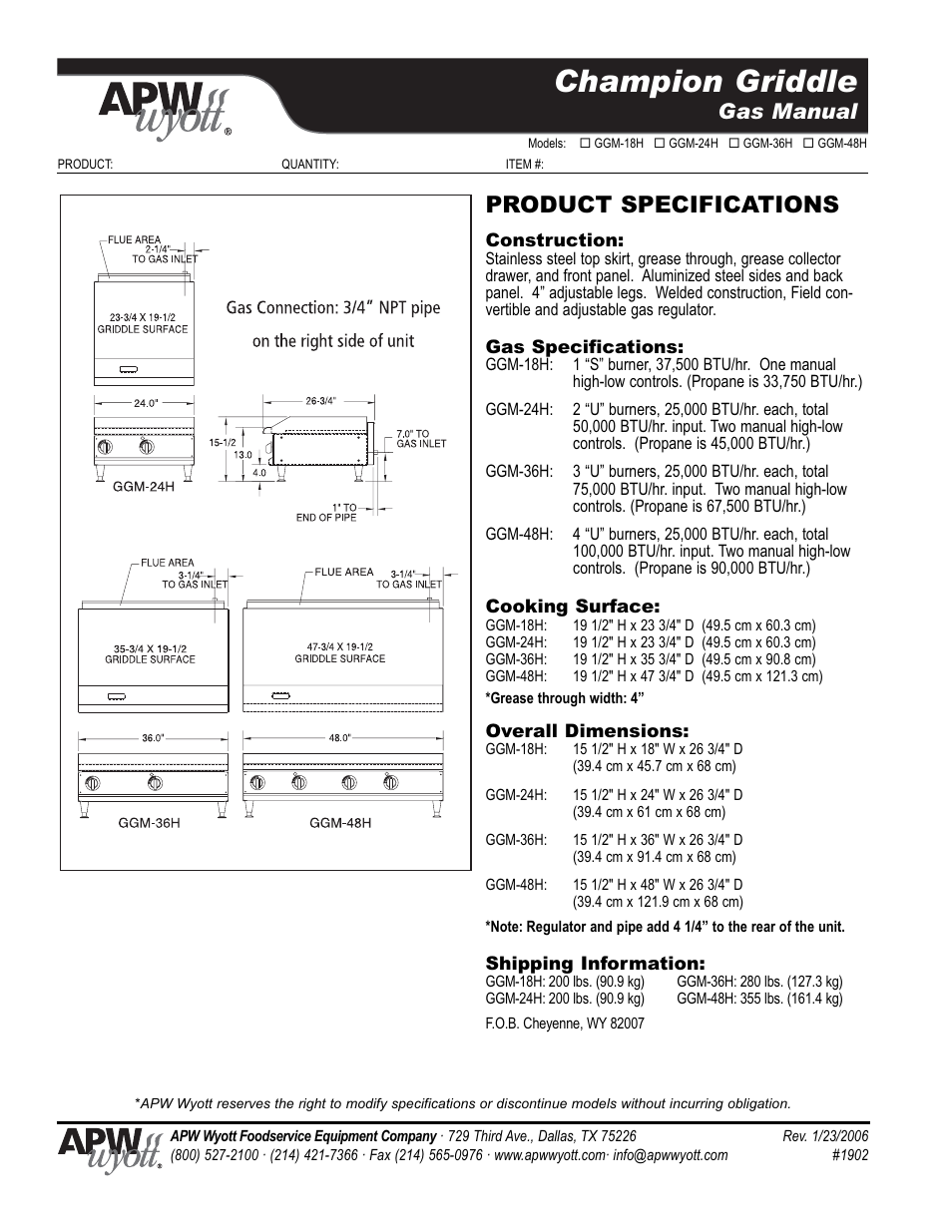 Champion griddle, Product specifications, Gas manual | APW Wyott GGM-36H User Manual | Page 2 / 2