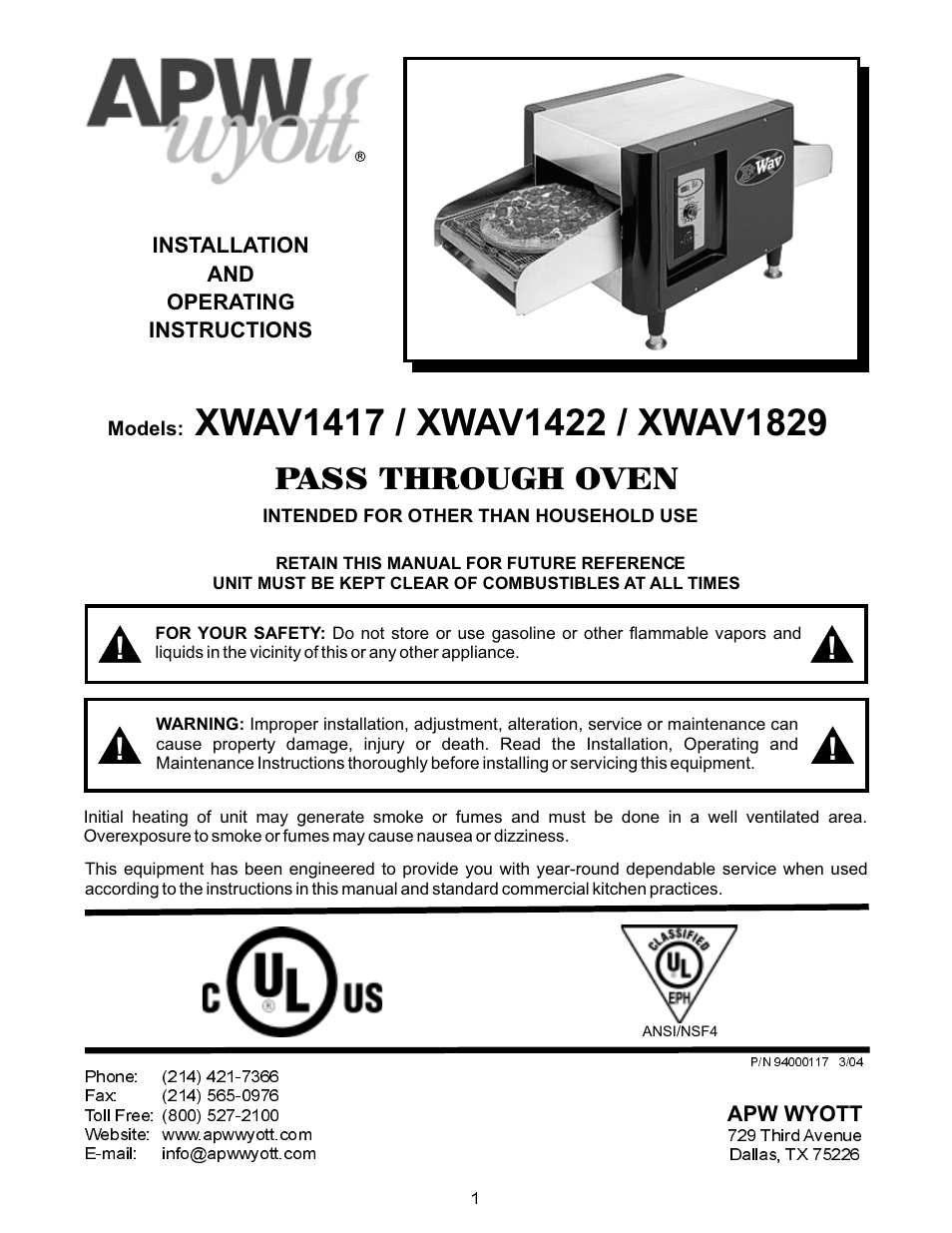 APW Wyott XWAV1829 User Manual | 16 pages