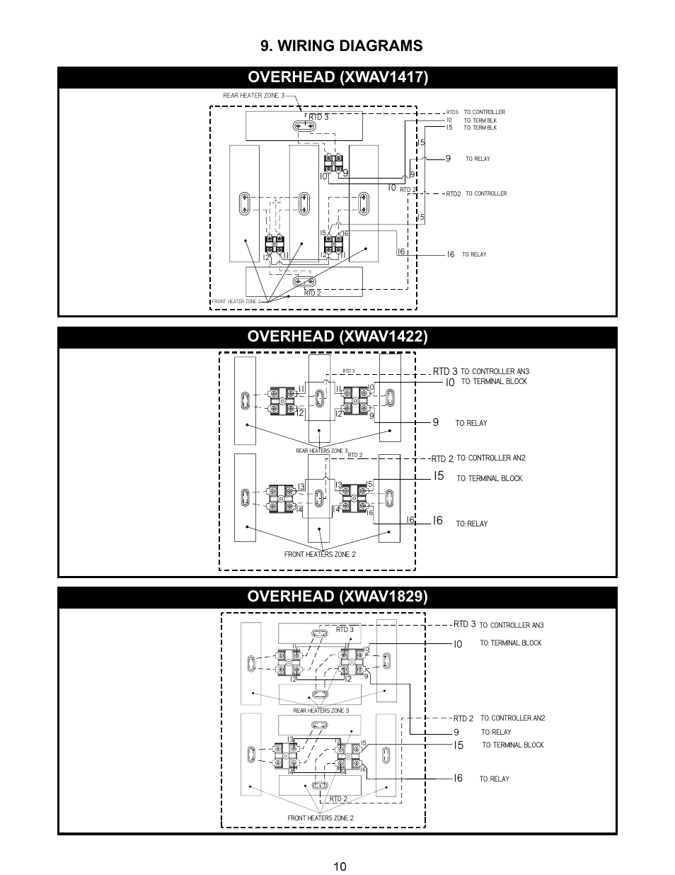 Wiring diagrams, Overhead (xwav1417), Overhead (xwav1422) | Overhead (xwav1829), Rtd 3 | APW Wyott XWAV1829 User Manual | Page 10 / 16