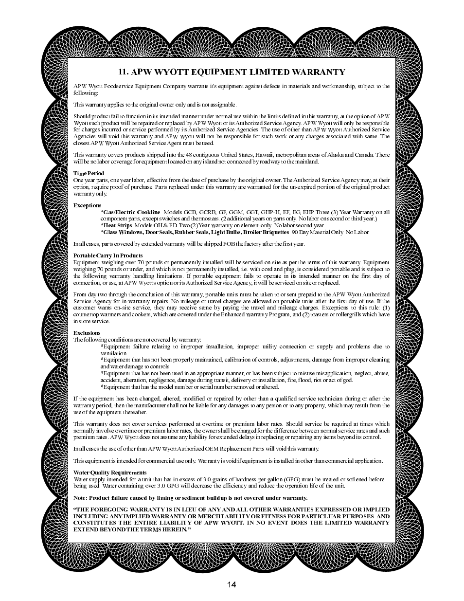 Apw wyott equipment limited warranty | APW Wyott XWAV1829 User Manual | Page 14 / 16