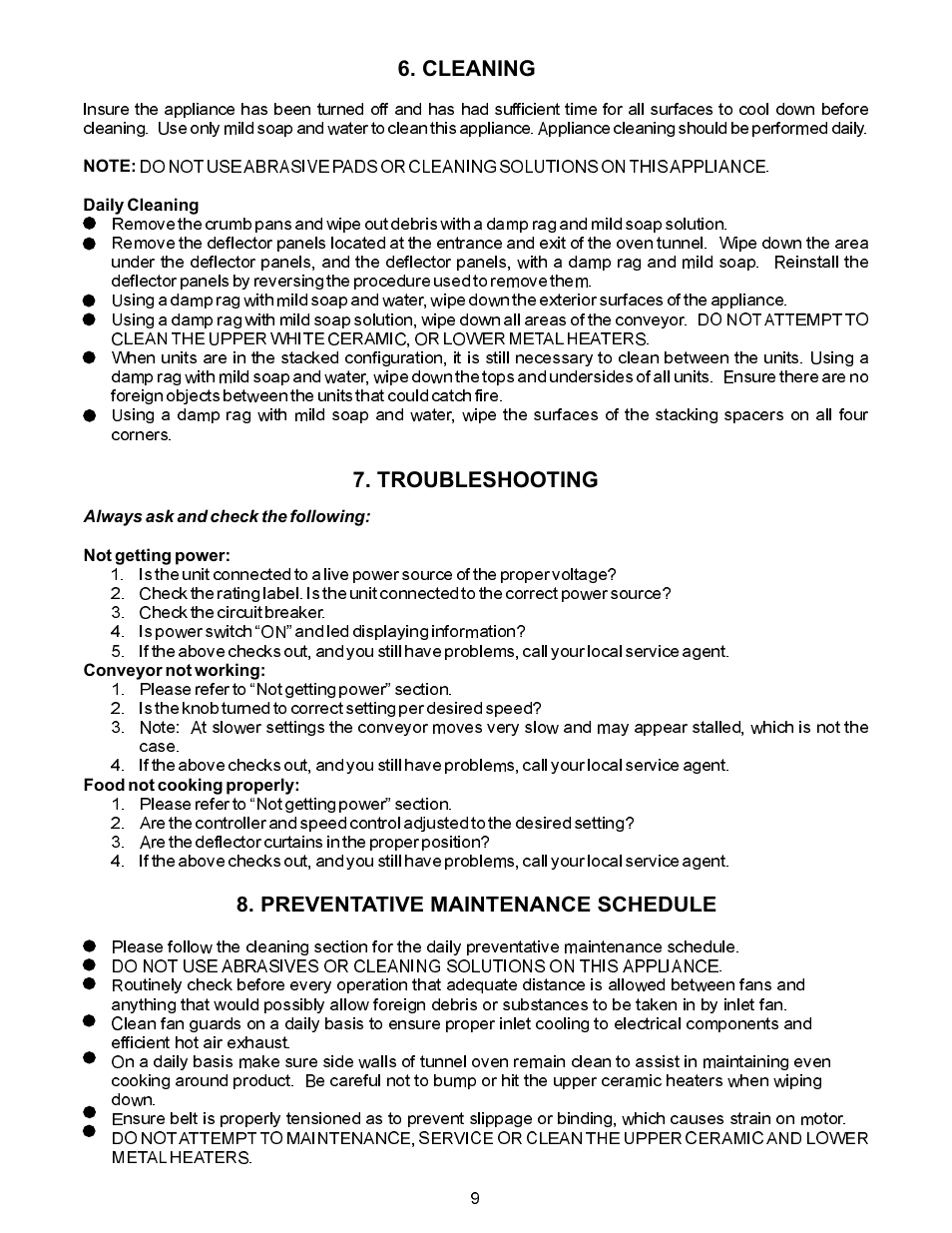 Troubleshooting, Cleaning, Preventative maintenance schedule | APW Wyott XWAV1829 User Manual | Page 9 / 16