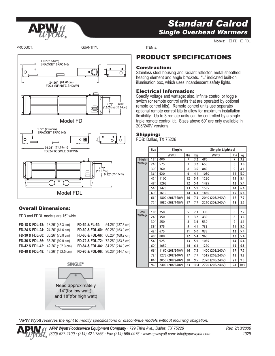 Standard calrod, Single overhead warmers, Product specifications | APW Wyott FD User Manual | Page 2 / 2