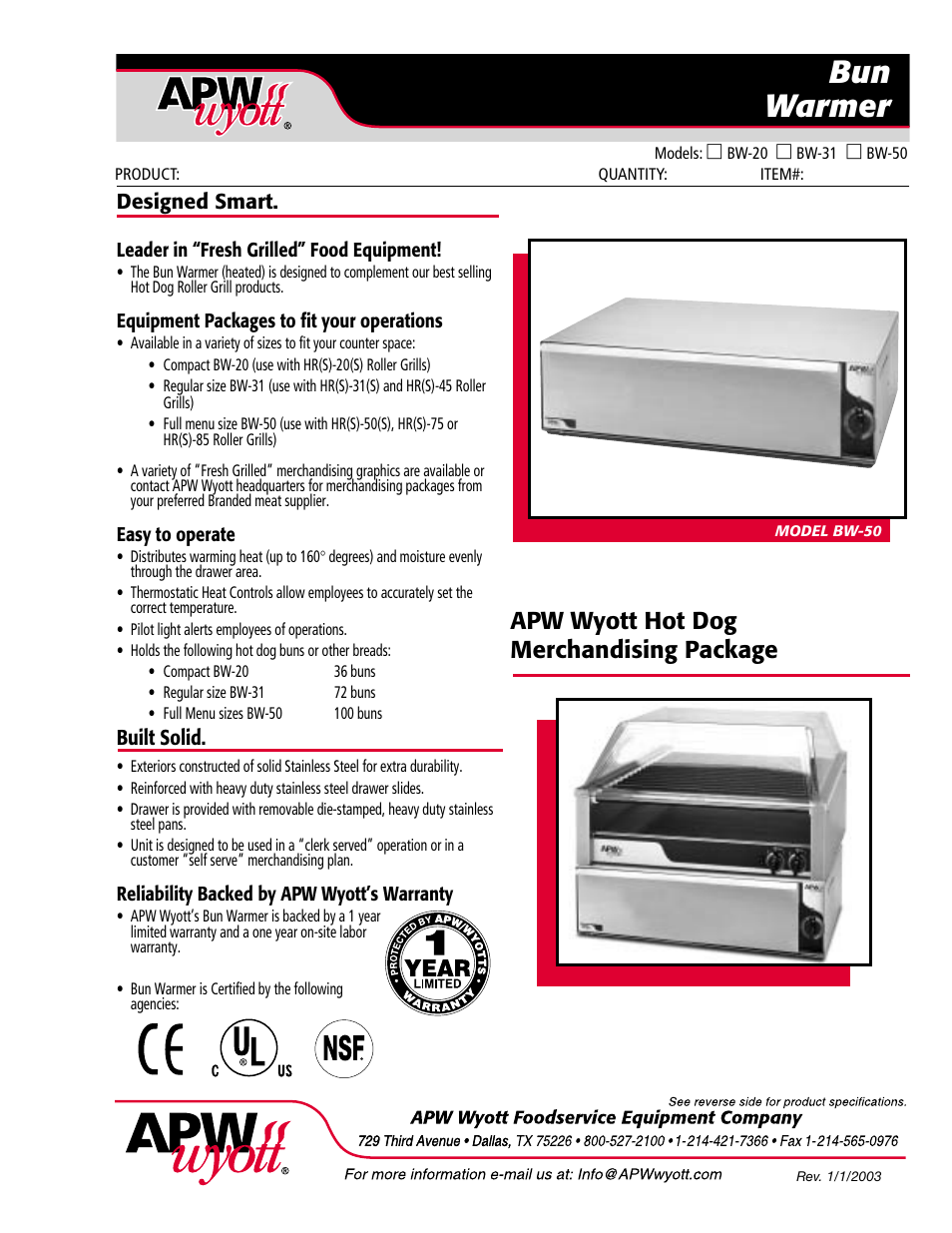 APW Wyott BW-20 User Manual | 2 pages