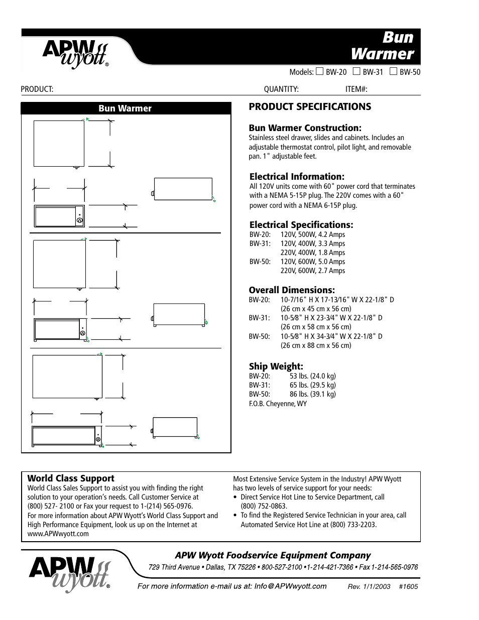 Bun warmer, Product specifications, Bun warmer construction | Electrical information, Electrical specifications, Overall dimensions, Ship weight, World class support | APW Wyott BW-20 User Manual | Page 2 / 2