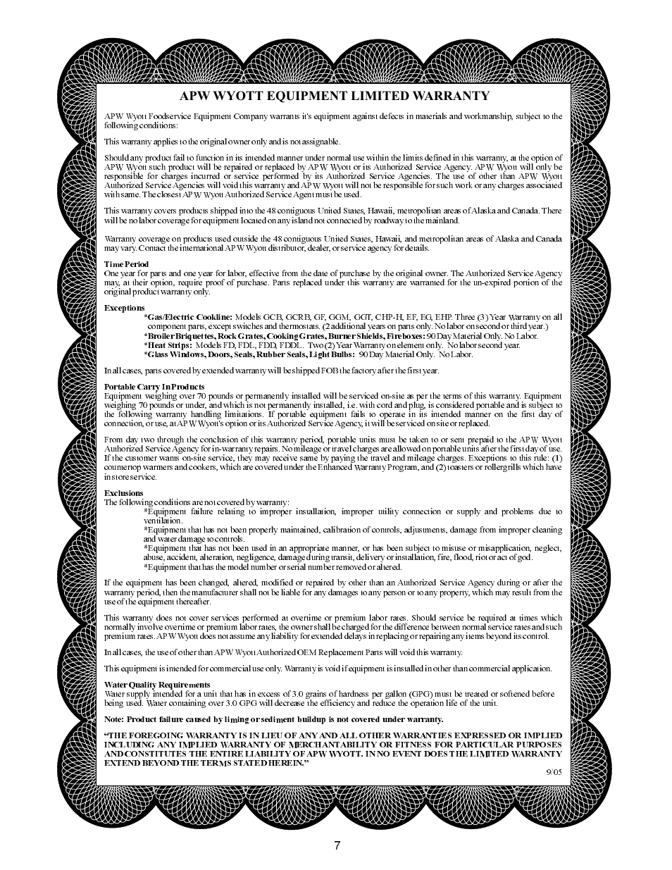 Apw wyott equipment limited warranty | APW Wyott DI-1622 User Manual | Page 7 / 8