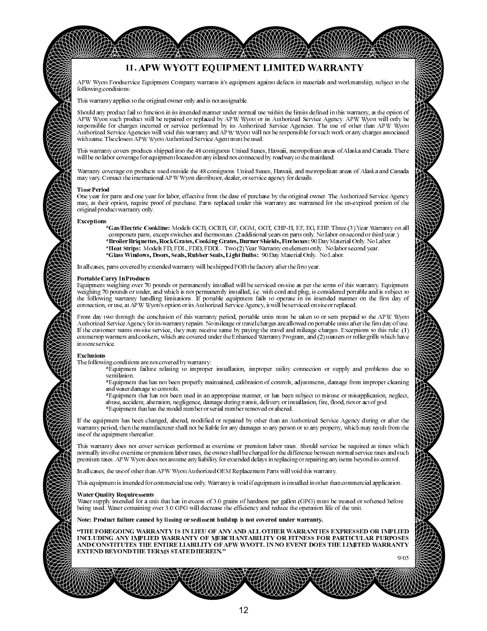 Apw wyott equipment limited warranty | APW Wyott M95-2-JIB User Manual | Page 12 / 12