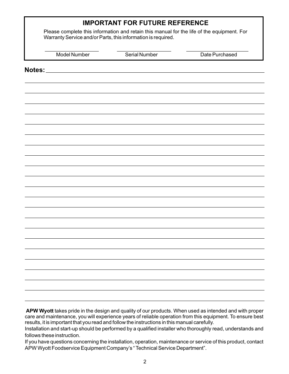 Important for future reference | APW Wyott M95-2-JIB User Manual | Page 2 / 12