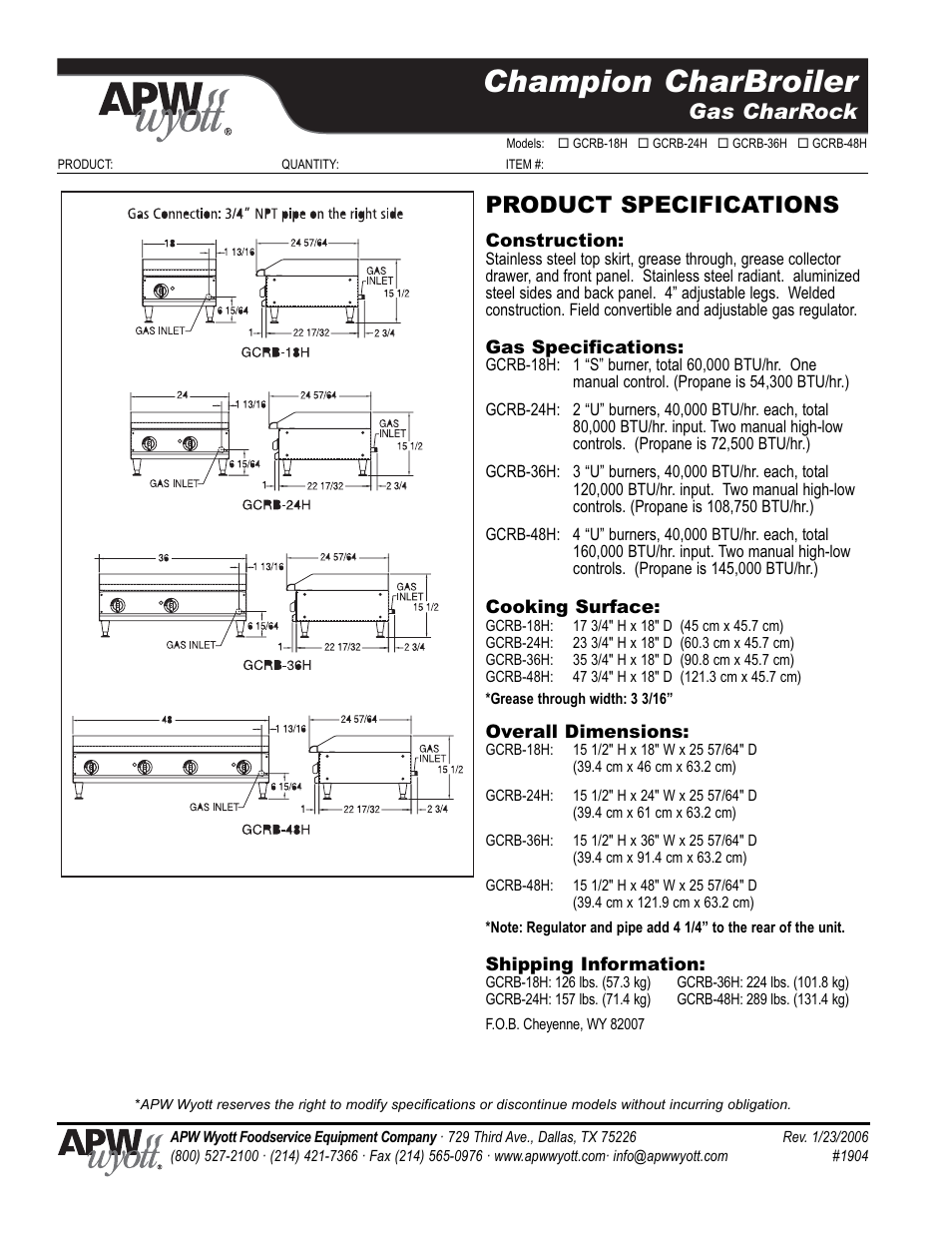Champion charbroiler, Product specifications, Gas charrock | APW Wyott GCRB-36H User Manual | Page 2 / 2